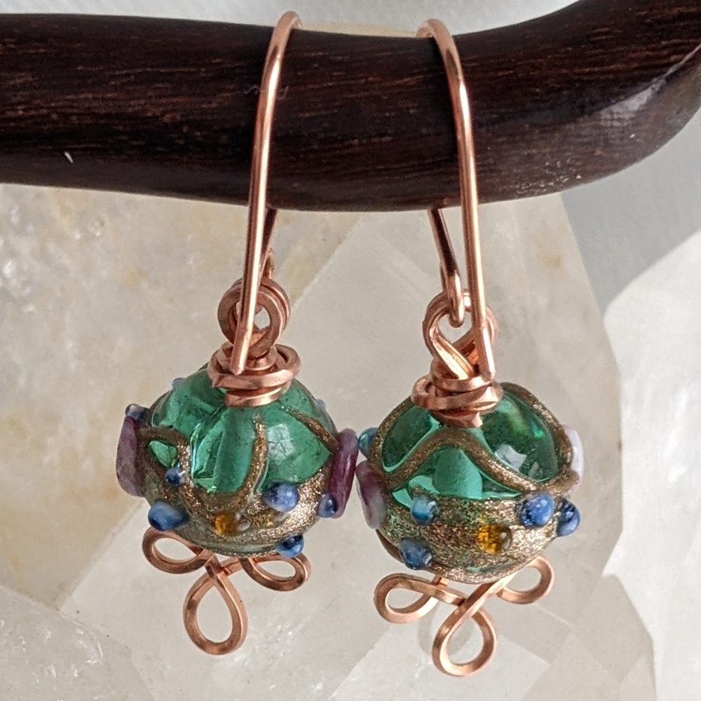 Venetian Emerald Glass Bead Earrings Copper Wire Wrap Colorful Handmade - Picture 4 of 14